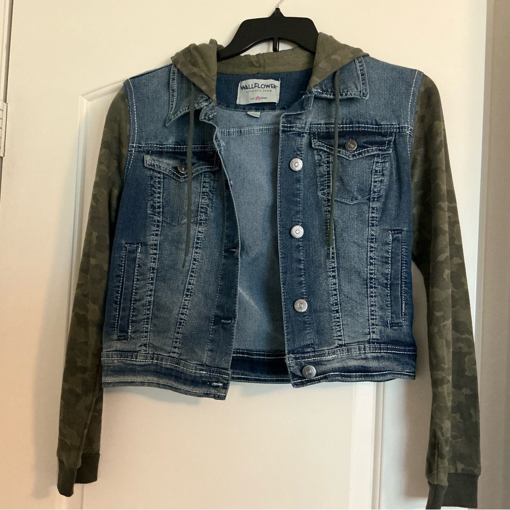 Wallflower Blue Denim Jacket with Green Camo Sleeves